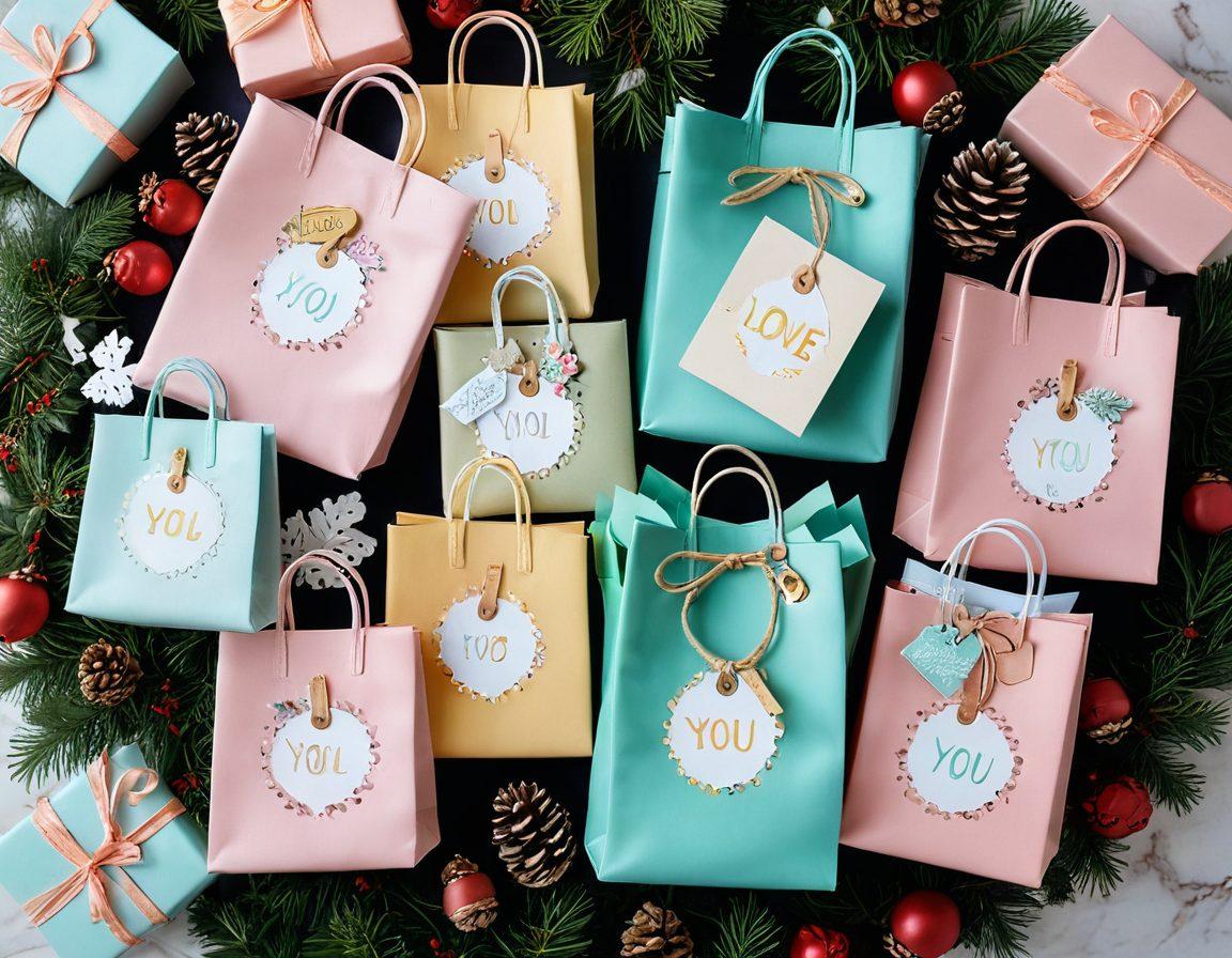 A beautifully arranged flat lay of stylish bags in various colors and designs, each strategically placed with elegant gift tags that read 'I Love You'. Surround the bags with sparkling fairy lights and seasonal decorations like pine cones and holly, creating a warm and inviting atmosphere. The backdrop should be a soft, pastel surface that enhances the colors of the bags. Add a soft-focus effect to give a dreamy quality to the image. vibrant colors. super-realistic.