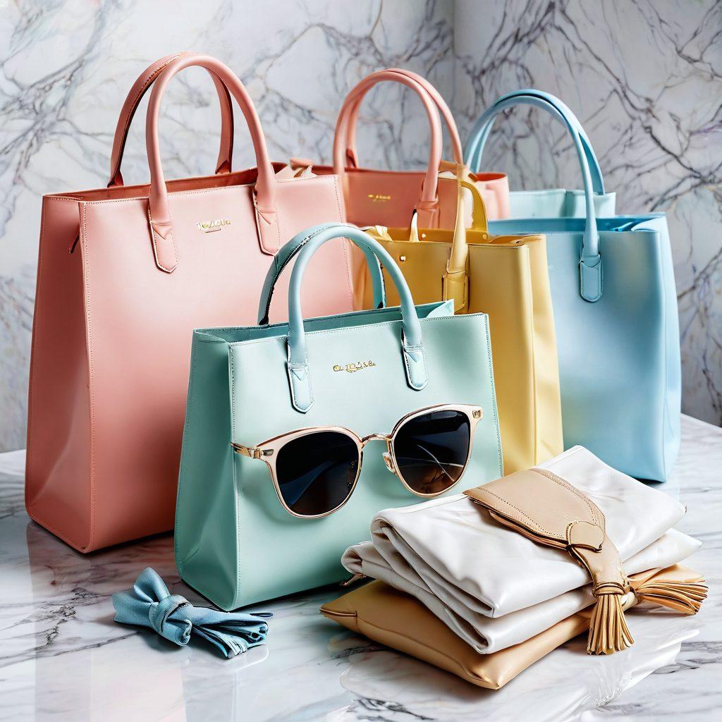 A stylish scene displaying a vibrant assortment of totes and clutches elegantly arranged on a marble background. Soft pastel colors for the bags with reflections of light glimmering off them, showcasing their textures. Include subtle details like a pair of trendy sunglasses and a chic scarf to accentuate the fashion theme. The overall composition should evoke a sense of luxury and modernity. super-realistic. vibrant colors. white background.