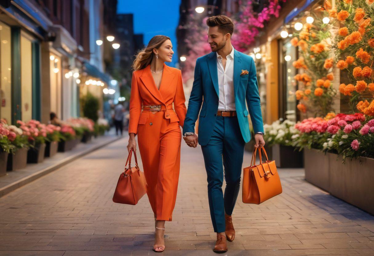 A stylish couple walking hand-in-hand in an upscale urban environment, showcasing chic bags with vibrant colors and unique designs. Their outfits are trendy and fashion-forward, with elegant accessories enhancing their looks. Surround them with hints of romantic elements like soft lighting and blooming flowers to reflect love and sophistication. This captivating scene radiates a joyful and fashionable vibe. super-realistic. vibrant colors. urban backdrop.